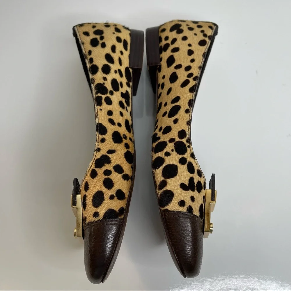 Tory Burch Priscilla Ballet Hair Calf Tumbled Leather Flat Cheetah Coconut Sz 8